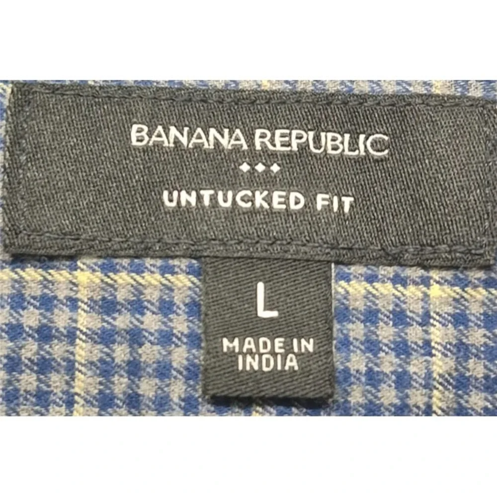 Banana Republic men's blue plaid LS button up Untucked Fit shirt‎ LG Cotton